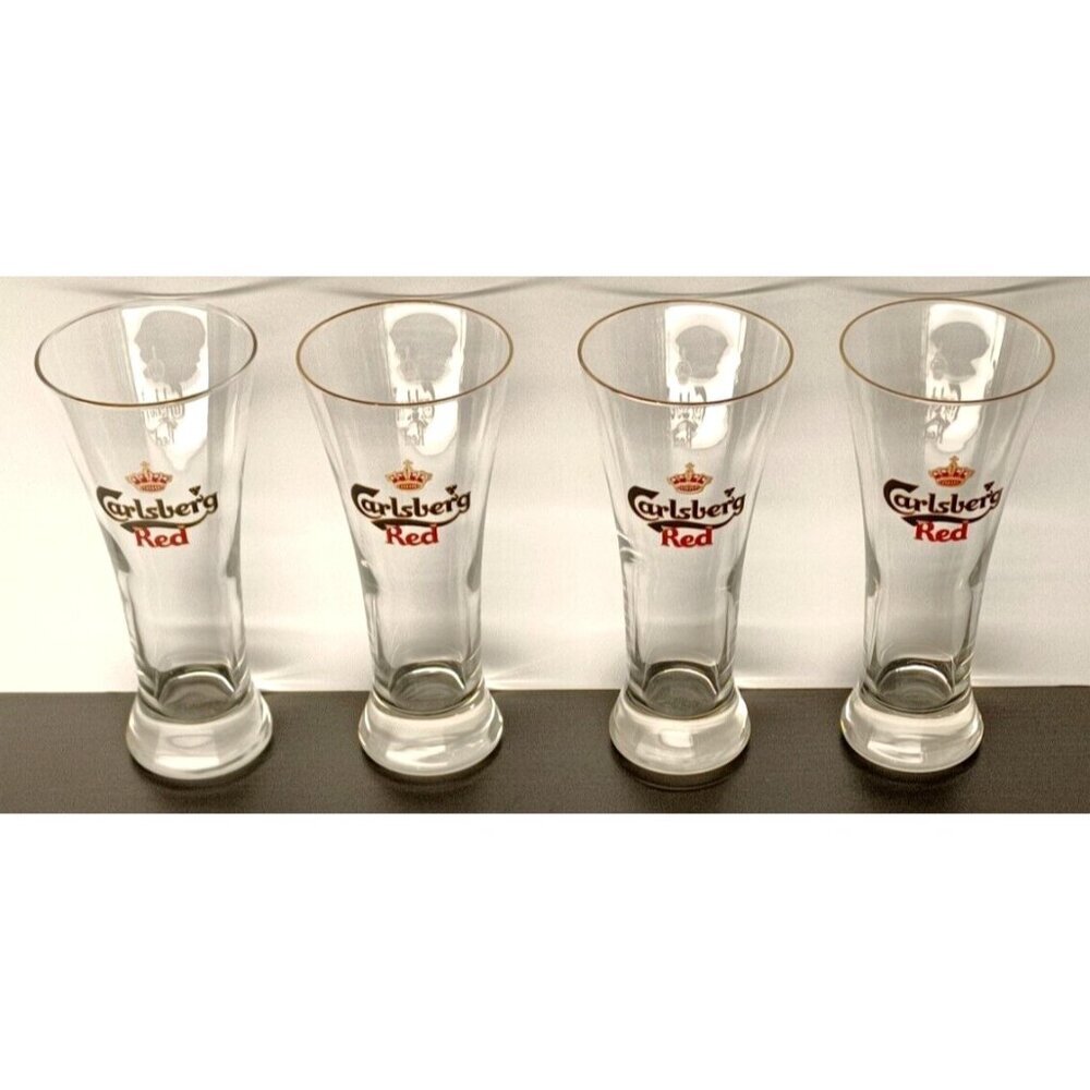 Carlsberg Red  Danish Beer Glasses Gold Rimmed Pilsner 8" set of 4